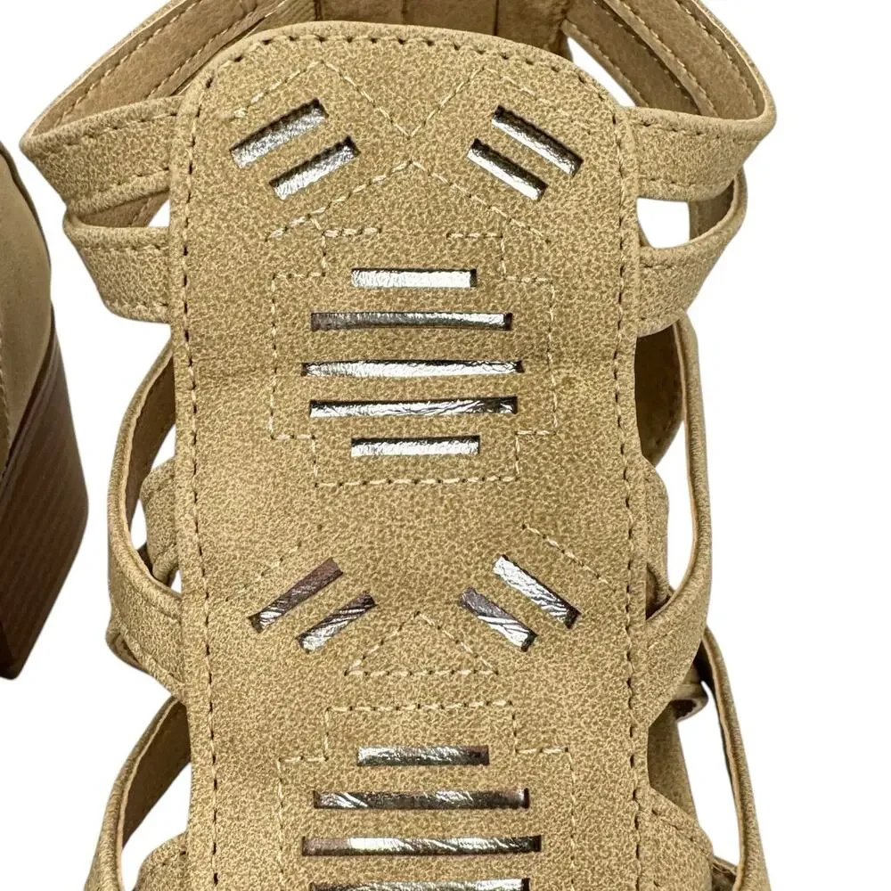 Justice Tan Western Faux Leather Metallic Strappy Block Low Heel Sandals 8 Girls